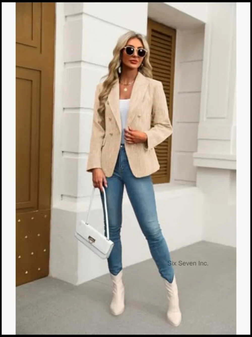 Tweed Blazer Double-Breasted Business Casual Jacket Polyester - Picture 4 of 7